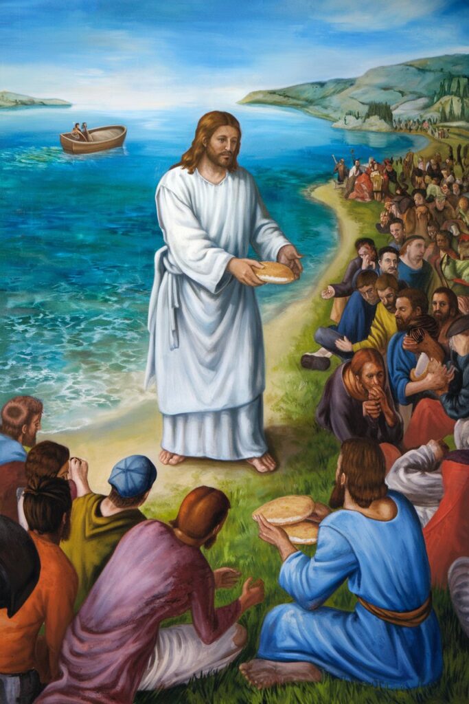 Jesus displaying servant leadership, feeding the hungry